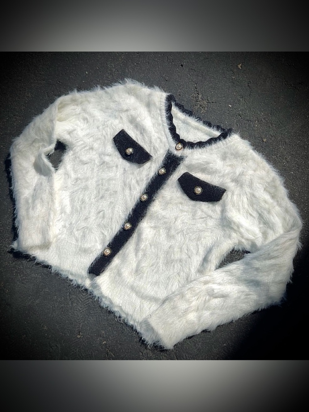 Pearls & Fur White Cardigan with Black Trim - Small